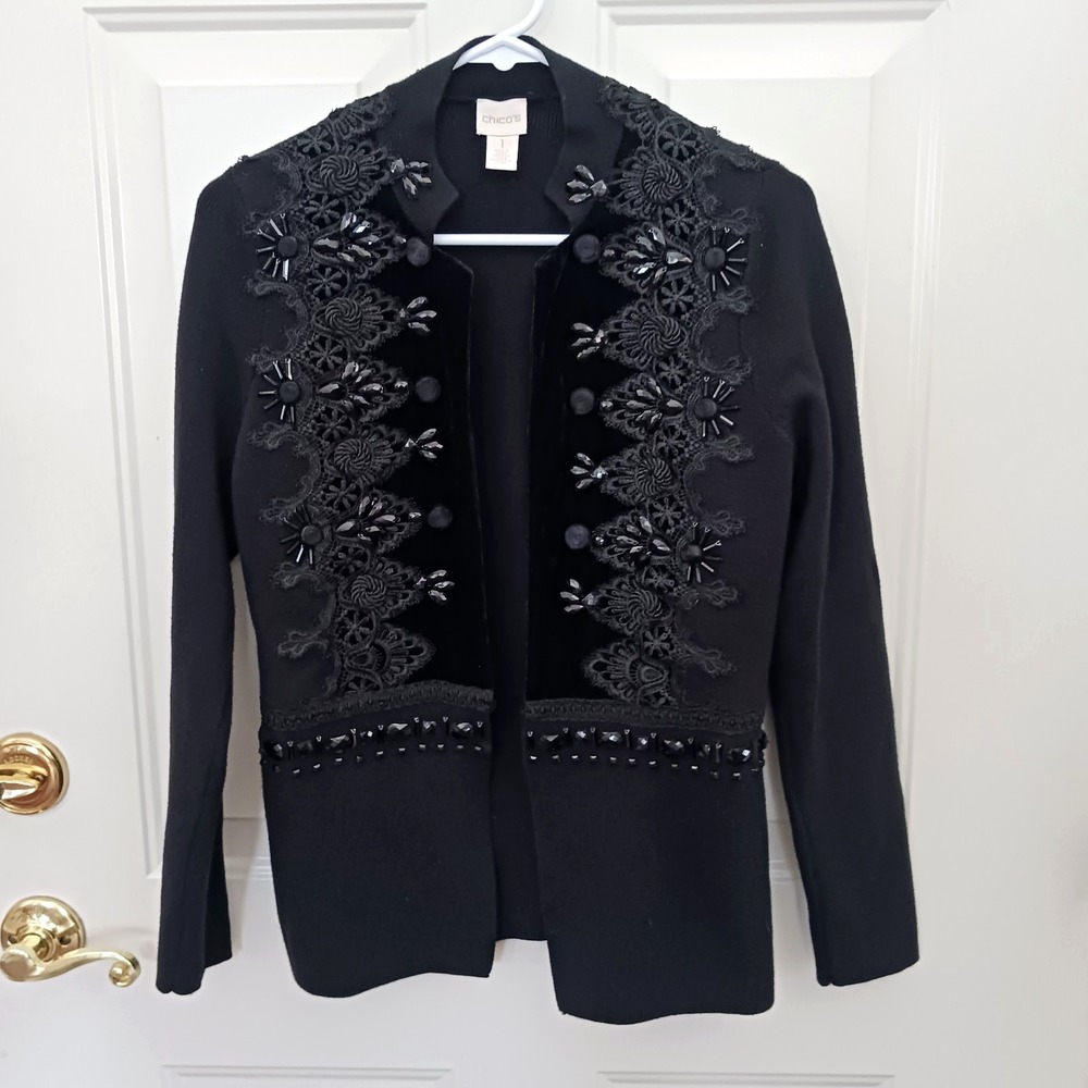 Chicos Embellished Tonal Cardigan Knit Velvet Trim Beaded Black Womens Medium